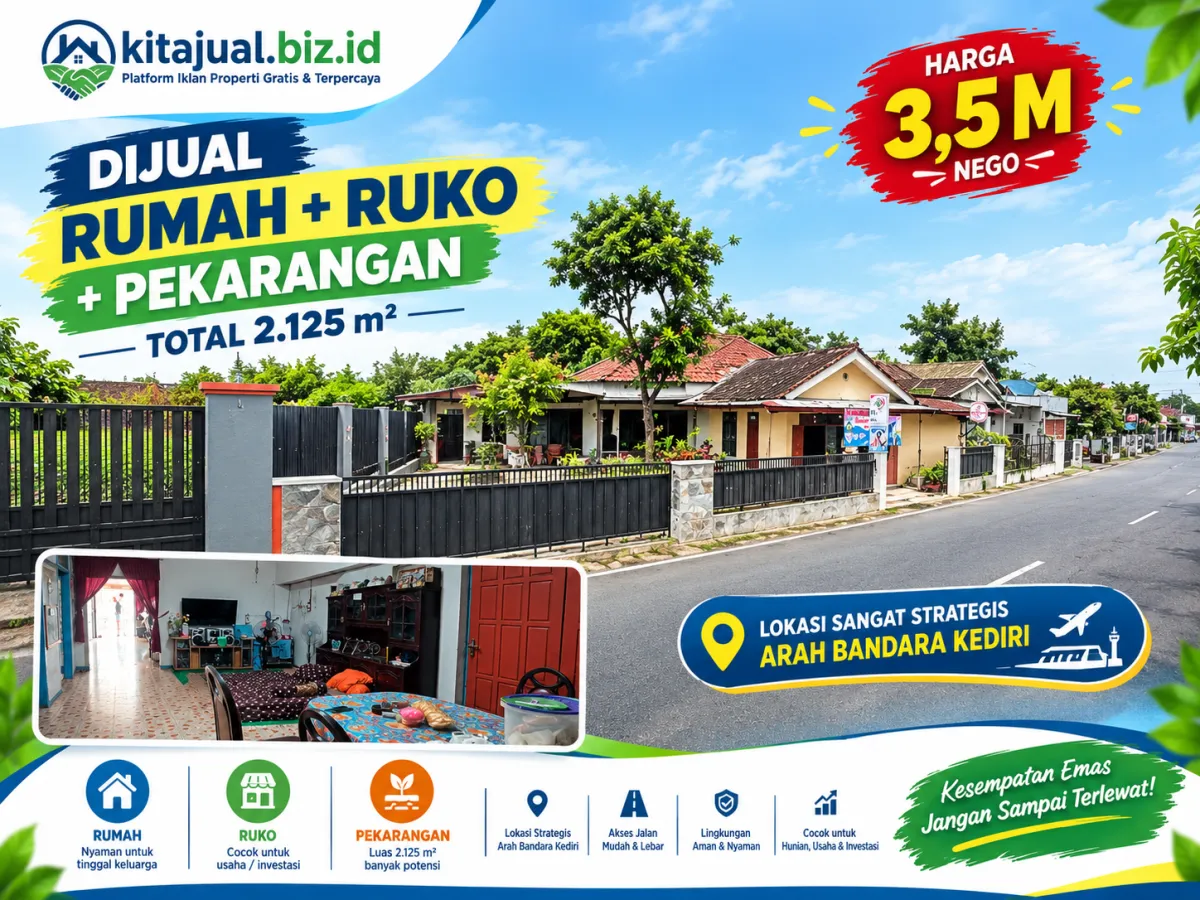 RUMAH LUAS + RUKO + PEKARANGAN DEKAT BANDARA KEDIRI